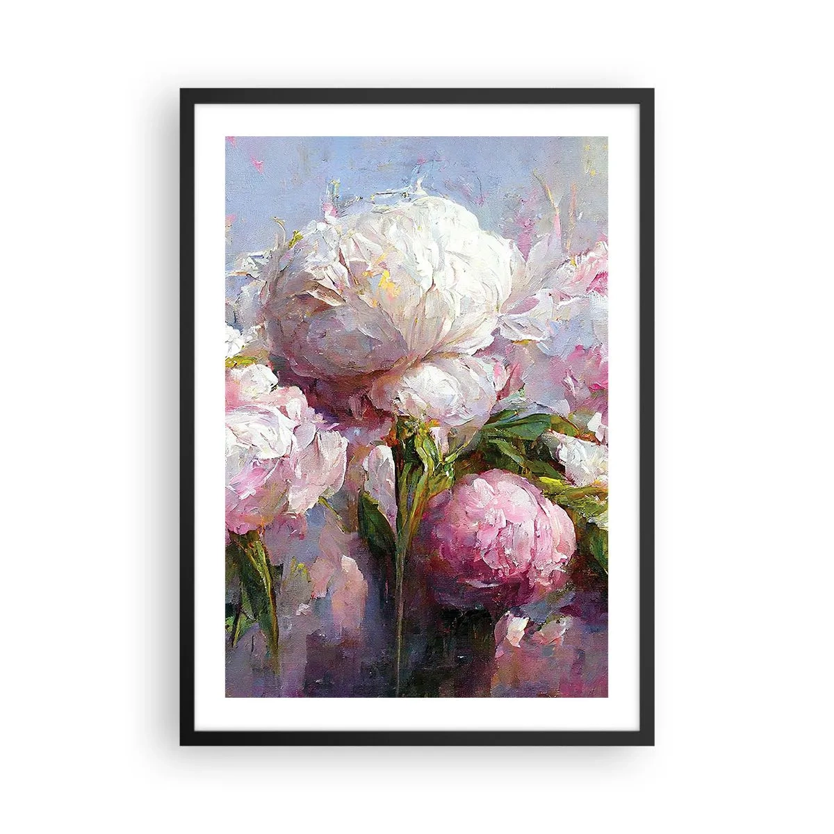 Poster in een zwarte lijst - Pioenrozen in een romantische, schilderachtige compositie - 50x70cm - Een boeket vol leven - Moderne wanddecoratie voor woonkamer en slaapkamer ARTTOR