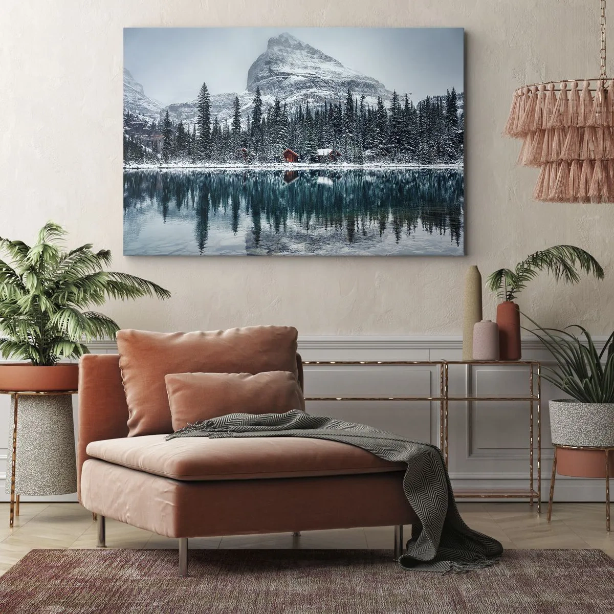 Schilderen op canvas - Winterlandschap met huisjes in het bos bij een bevroren meer - 70x50cm - Canadese stilte - Moderne wanddecoratie voor woonkamer en slaapkamer ARTTOR