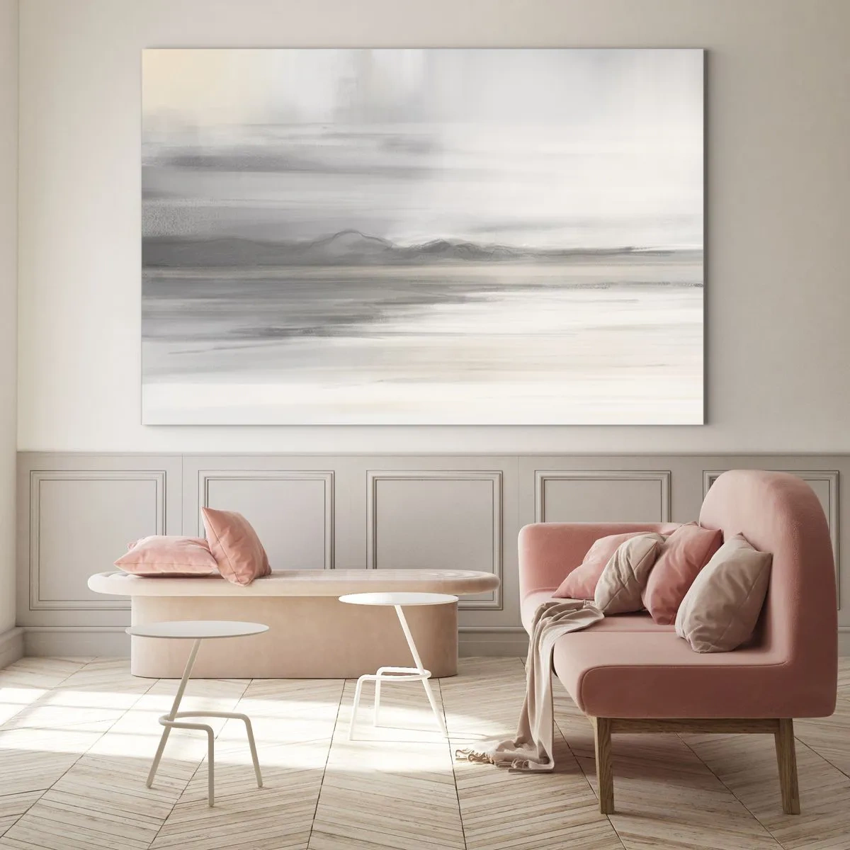 Schilderen op glas - Een delicaat, wazig bergpanorama in pastelgrijze tinten - 70x50cm - Afstand in reflectie - Moderne wanddecoratie voor woonkamer en slaapkamer ARTTOR