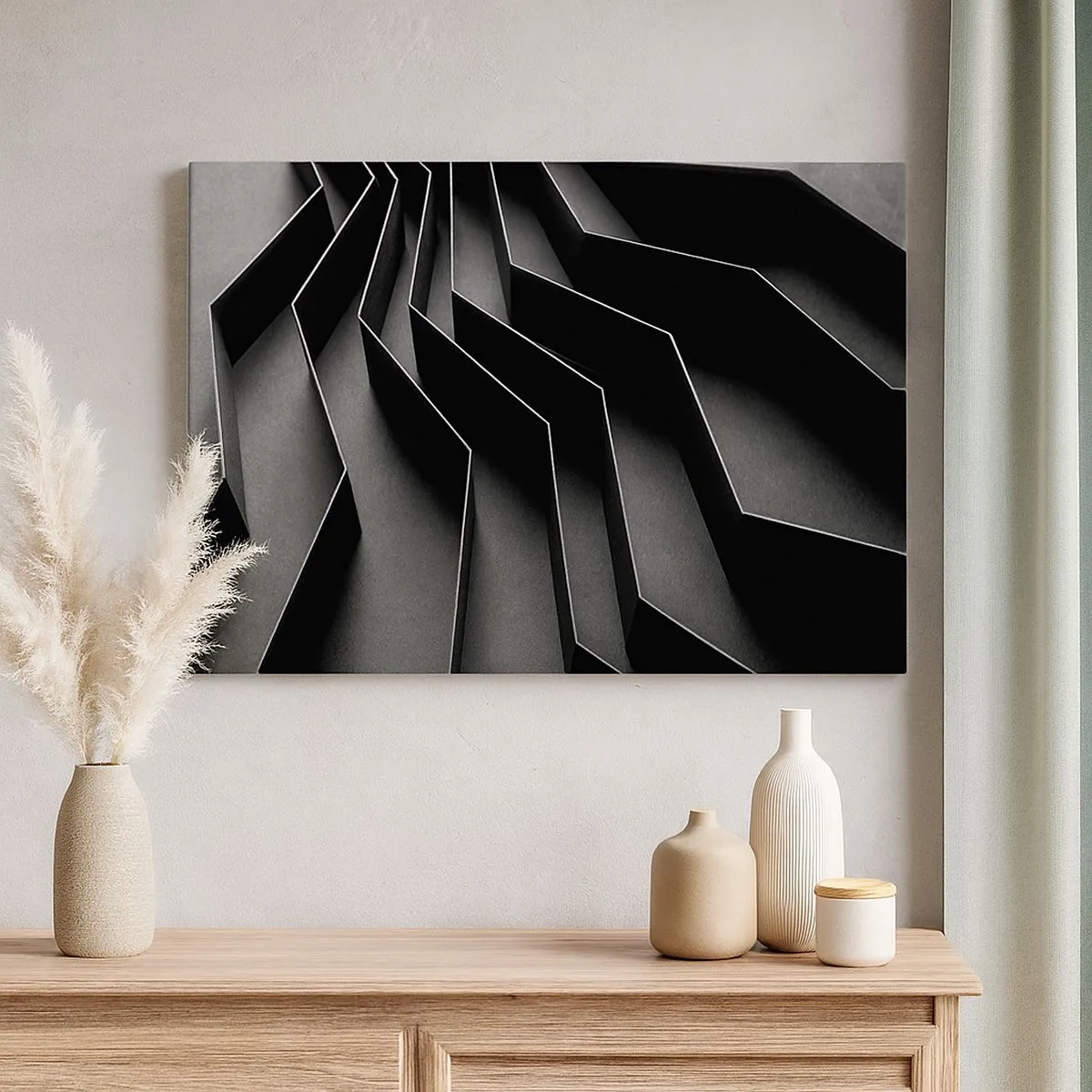 Schilderen op canvas - Zwart-wit abstractie met geometrische structuren - 70x50cm - Ruimtelijke orde - Moderne wanddecoratie voor woonkamer en slaapkamer ARTTOR