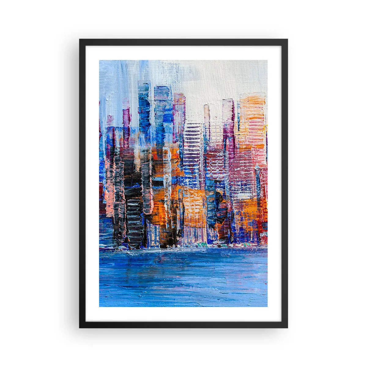 Poster in een zwarte lijst - Abstract stadsgezicht in intense kleuren - 50x70cm - Een vrolijke metropool - Moderne wanddecoratie voor woonkamer en slaapkamer ARTTOR