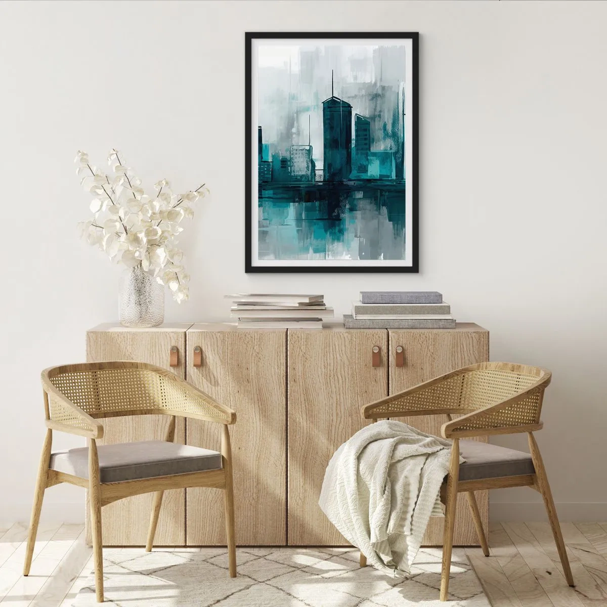 Poster in een zwarte lijst - Een modern stadsgezicht in tinten blauw - 50x70cm - Een stad in de kleur van regen - Moderne wanddecoratie voor woonkamer en slaapkamer ARTTOR