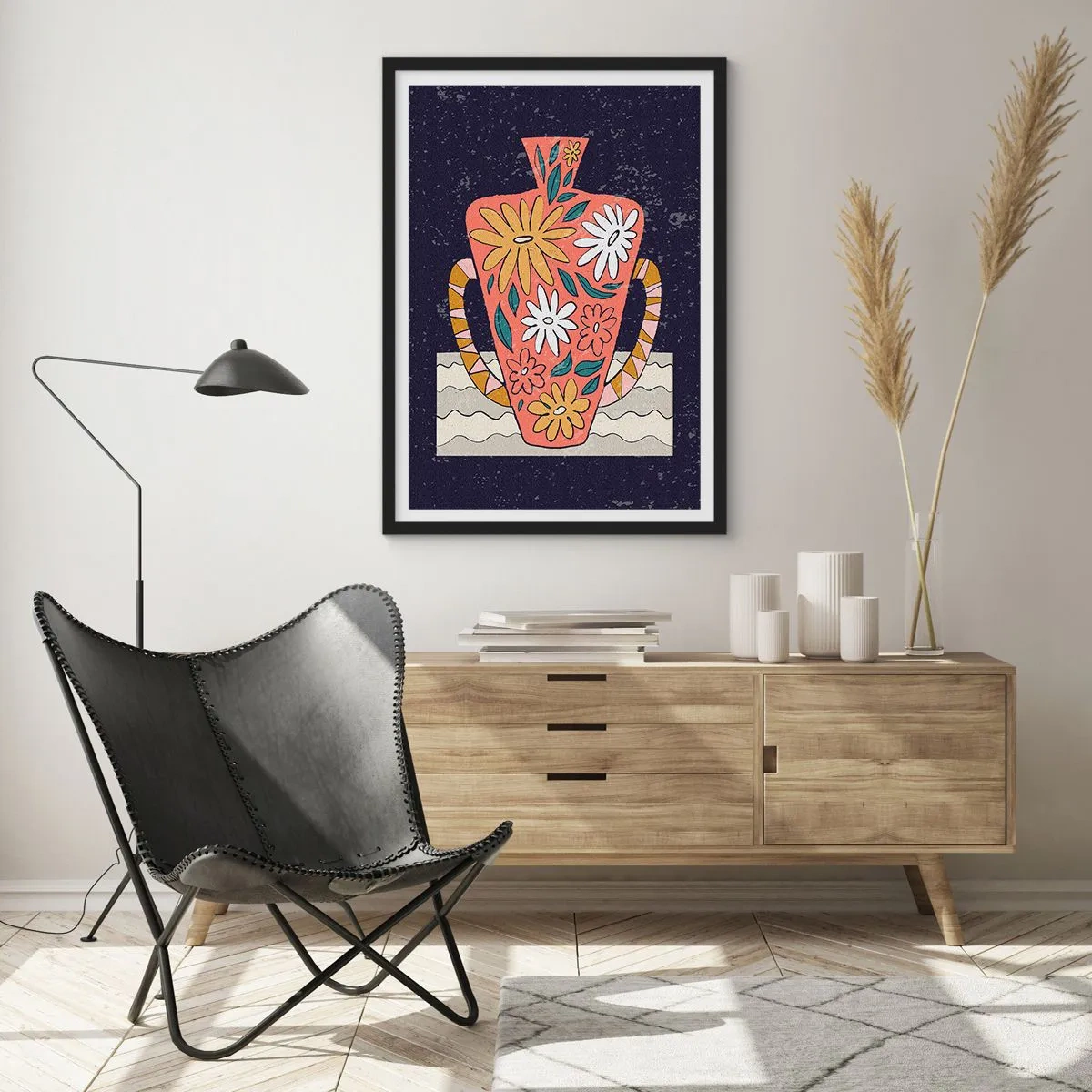 Poster in een zwarte lijst - Een kleurrijke vaas met een bloemenpatroon op een donkere achtergrond - 50x70cm - Beschilderde kruik - Moderne wanddecoratie voor woonkamer en slaapkamer ARTTOR