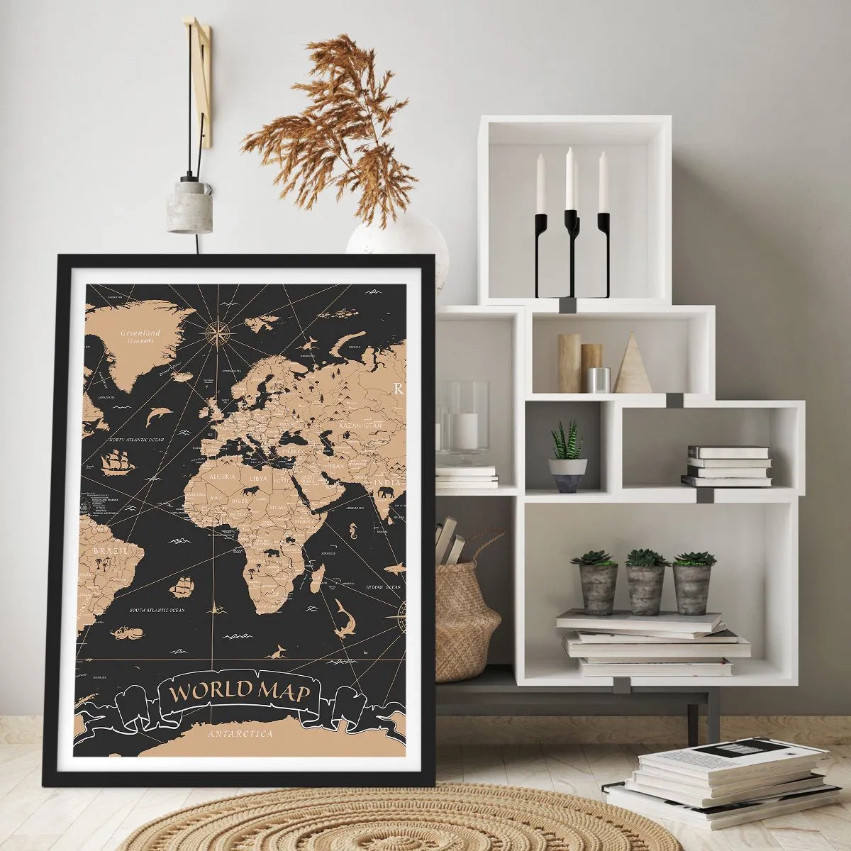 Poster in een zwarte lijst - Gestileerde wereldkaart in vintage kleuren - 50x70cm - De grenzen van mijn wereld - Moderne wanddecoratie voor woonkamer en slaapkamer ARTTOR