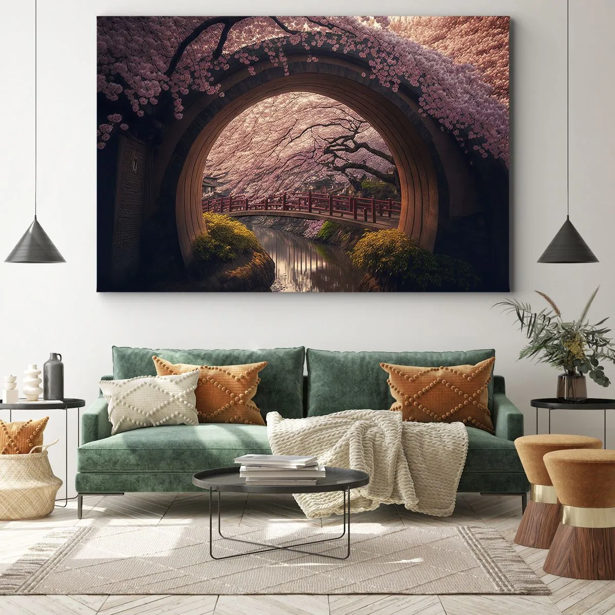 Schilderen op canvas - Een traditionele Japanse brug omgeven door kersenbloesems - 70x50cm - Japanse lente - Moderne wanddecoratie voor woonkamer en slaapkamer ARTTOR