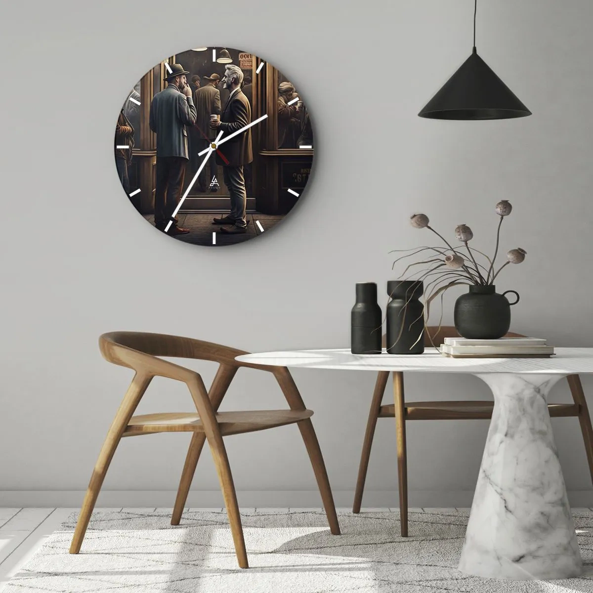Wandklok - Klok - Twee mannen kletsen bij een kopje koffie voor een café - 30x30cm - Een goed moment van de dag - Moderne wanddecoratie voor woonkamer, keuken en slaapkamer ARTTOR