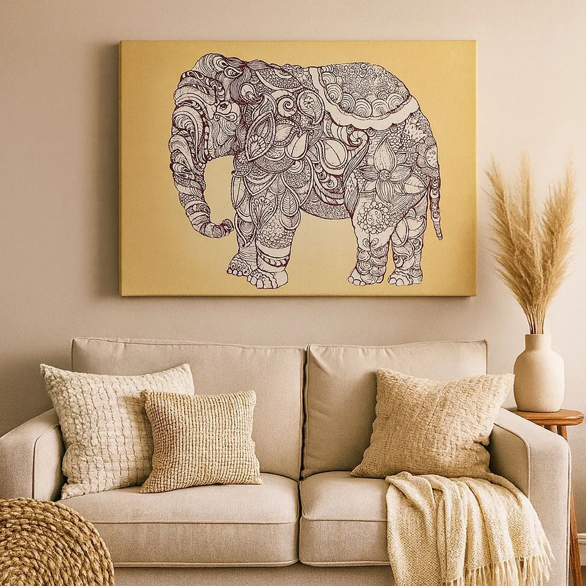 Schilderen op canvas - Handgetekende olifant met een sierlijk patroon op een beige achtergrond - 70x50cm - De olifant heeft zichzelf bedekt - Moderne wanddecoratie voor woonkamer en slaapkamer ARTTOR