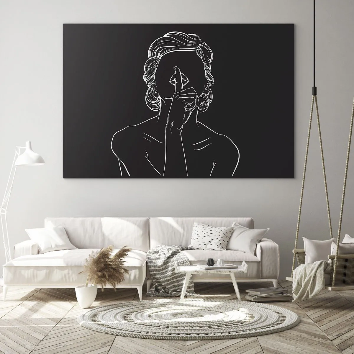 Schilderen op glas - Een minimalistisch silhouet van een vrouw die een gebaar van stilte maakt. - 70x50cm - Schoonheid bloeit in stilte - Moderne wanddecoratie voor woonkamer en slaapkamer ARTTOR