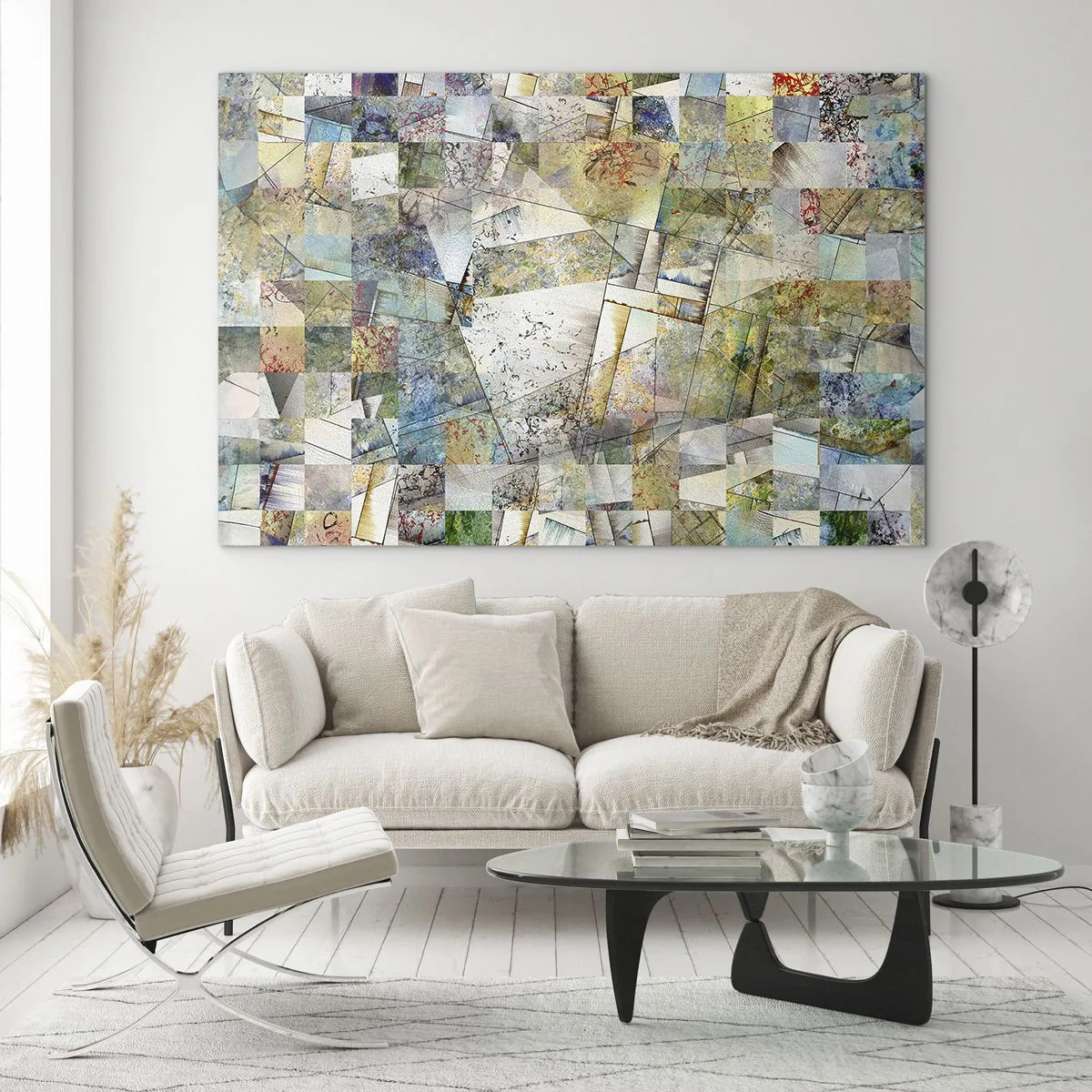 Schilderen op glas - Een kleurrijke compositie van gefragmenteerde geometrische vormen - 70x50cm - Geometrische schuifeling - Moderne wanddecoratie voor woonkamer en slaapkamer ARTTOR