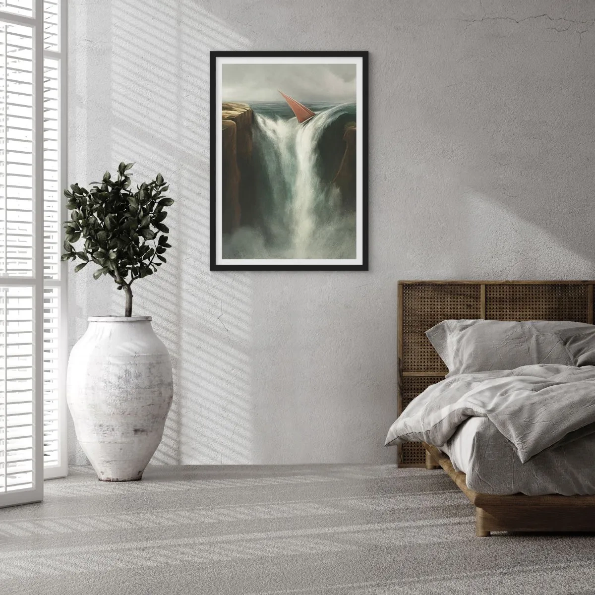 Poster in een zwarte lijst - Een zeilboot stort over een waterval in een surrealistisch landschap. - 50x70cm - Een waarschuwing voor het leven - Moderne wanddecoratie voor woonkamer en slaapkamer ARTTOR