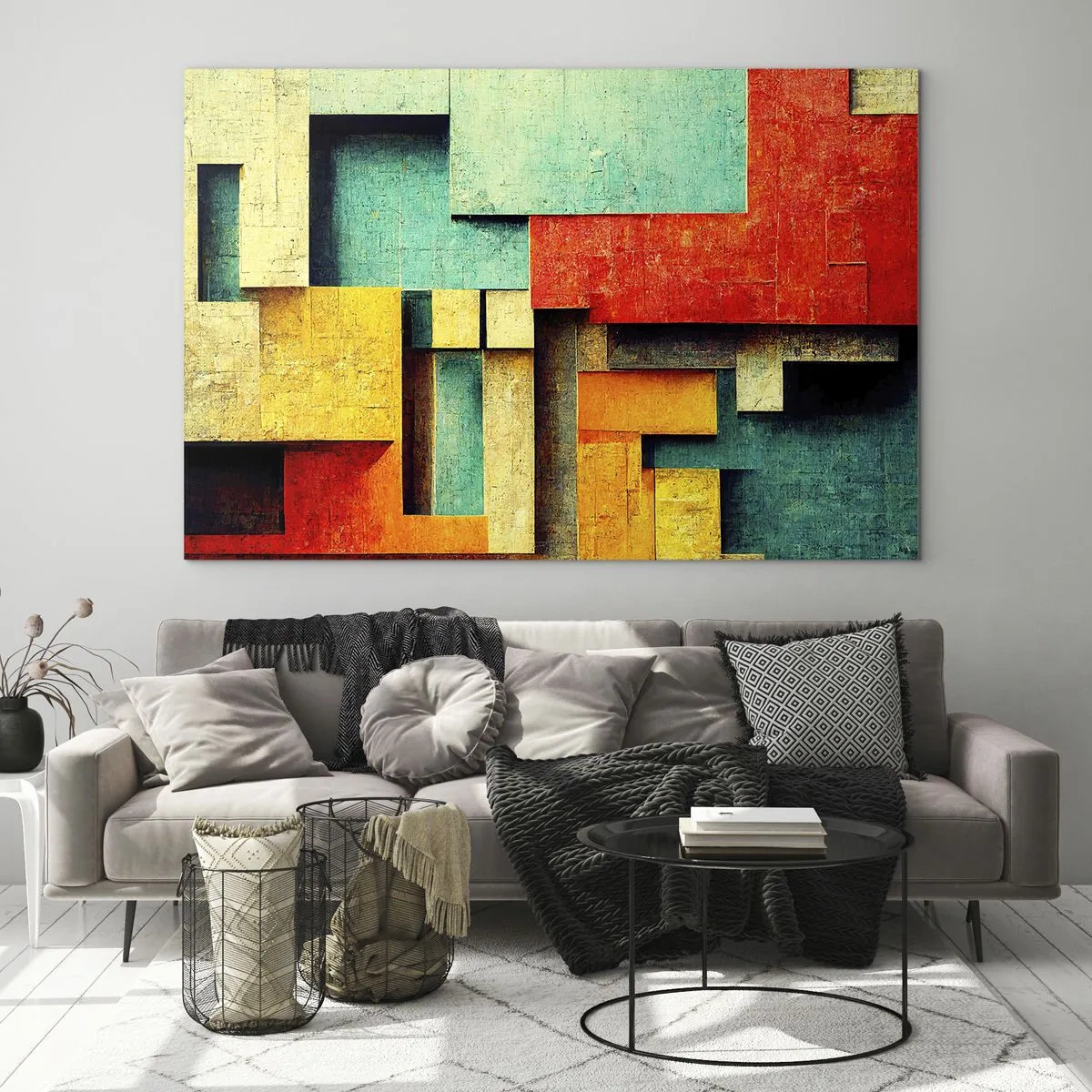 Schilderen op glas - Kleurrijke geometrische abstractie gemaakt van rechthoeken - 70x50cm - Festival van rechte hoeken - Moderne wanddecoratie voor woonkamer en slaapkamer ARTTOR