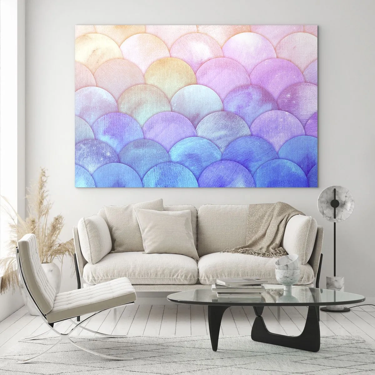 Schilderen op glas - Parelschubben in pasteltinten van roze, blauw en paars - 70x50cm - Parel schaal - Moderne wanddecoratie voor woonkamer en slaapkamer ARTTOR